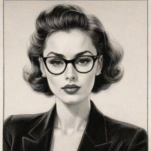 Appealing Ella Balinska, pencil sketch, portrait of Dazzling woman 1951s in glasses, hair style beatnik, outline, clear lines, fine lines, 8k