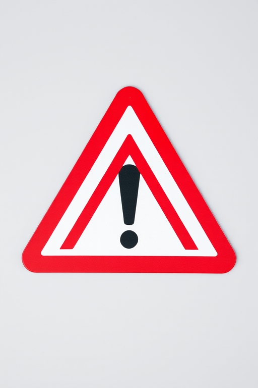 Create a high-resolution image of a red and white triangular warning sign with a black exclamation mark in the center, captured with a DSLR camera at f/8 aperture, ISO 100, 24mm focal length, utilizing a flat lay perspective to emphasize color contrast and detail.