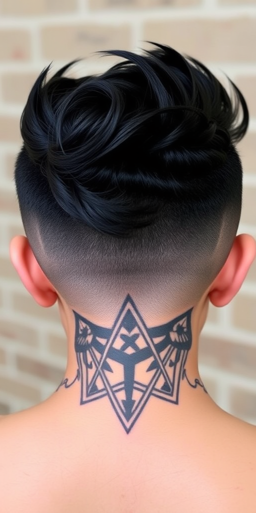 Jet black pixie undercut called "Raven's Wing" featuring intricate geometric patterns shaved into the sides and a sleek, swept-back top