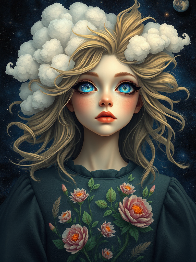 Create a series of imaginative portraits where each subject is infused with elements of fantasy and nature. The hair of the individuals should flow like clouds, varying from soft, fluffy cumulus to wispy cirrus strands, with hints of color reflecting a sunset or a clear blue sky. The eyes should be windows to entire galaxies, with stars, nebulae, and distant planets visible within them. Clothing should be adorned with nature motifs, such as floral patterns that bloom and change, vines that seem to grow and wrap around, or feathers that shimmer with iridescence. Each portrait should capture a unique personality, blending human features with the ethereal beauty of the natural and cosmic world. The backgrounds can vary, from starry night skies to enchanted forests, adding depth and context to the magical realism of the portraits