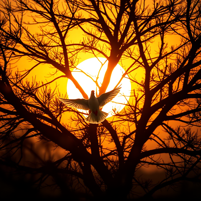 A serene scene of a white dove flying near a silhouette of a tree against a vibrant sunset, with golden rays of light piercing through the branches, captured with a DSLR camera at f/4 aperture, ISO 200, 50mm lens, shot from a low angle to emphasize the height of the tree and the elegance of the dove in motion.