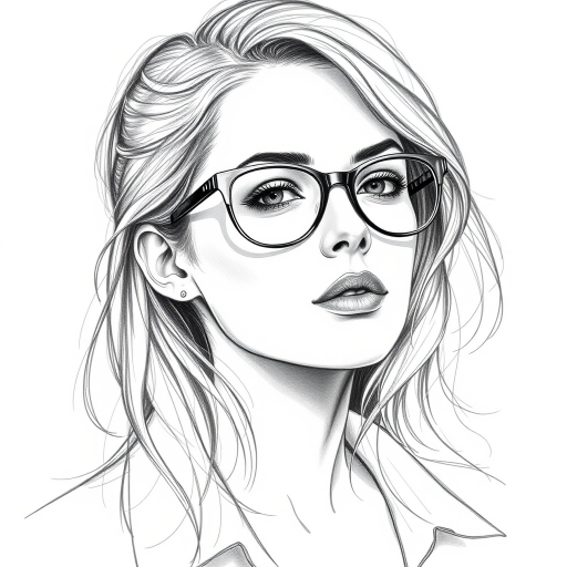 Beautiful Kristen Stewart, pencil sketch, portrait of beautiful woman 60s in glasses, hair style beatnik, outline, clear lines, fine lines, 8k