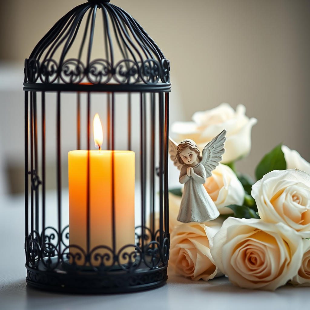 a beautifully lit scene featuring an ornate black birdcage with a candle inside, an angel figurine with wings hovering beside it, surrounded by white roses softly illuminated, captured with a shallow depth of field using a DSLR camera, 50mm lens, f/1.8 aperture, ISO 200, natural light for a warm atmosphere, soft focus background