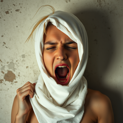 Create a close-up photographic image of the head and torso of a person with light skin tones shown against an old, worn wall. Their head is wrapped in a white cloth covering (i.e.... parts of the head except the nose and mouth, which are open as if they are screaming...), with a slight texture and visible folds in the fabric. Thin strands of blonde hair escape from the wrapping above, falling lightly at the top and sides. Their hands hold the fabric as if they are tugging nervously. The lighting is dramatic and even, casting strong shadows. The image has a minimalist and surreal style with an emphasis on simplicity with soft color tones. The composition is centered.