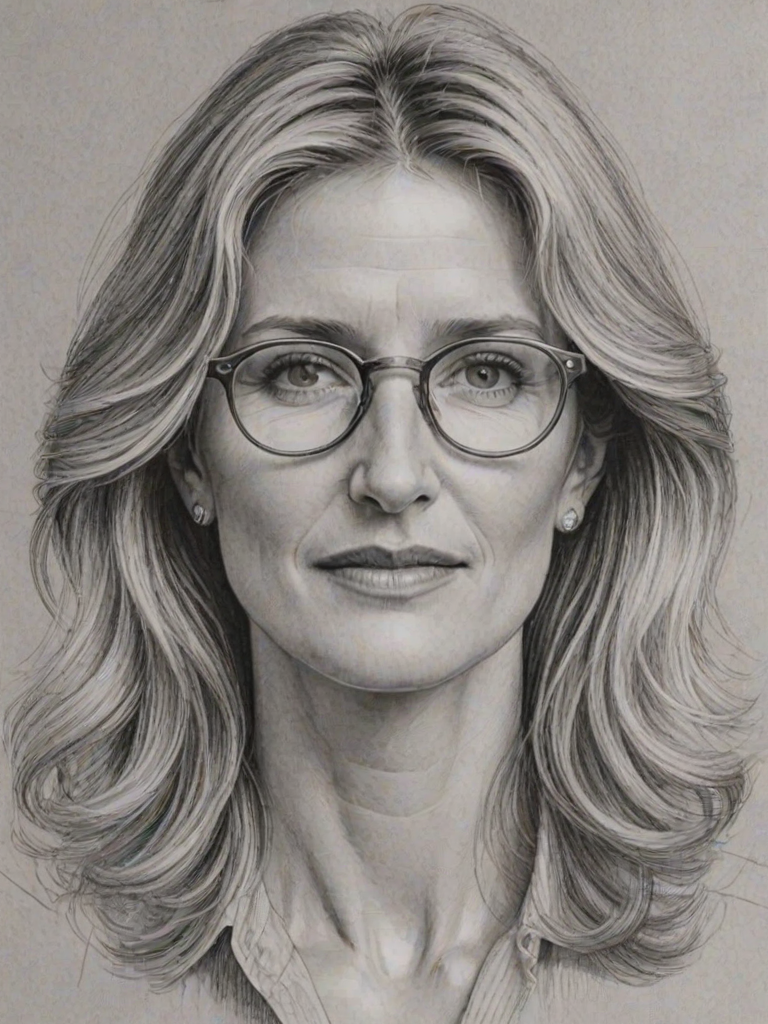Radiant Laura Dern, pencil sketch, portrait of Enchanting woman 1979s in glasses, hair style beatnik, outline, clear lines, fine lines, 8k