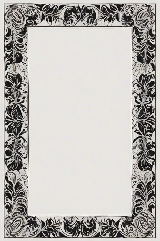 Create an intricate, black and white patterned border featuring symmetrical leaf shapes on all sides, enclosing a blank central square for text or image placement.