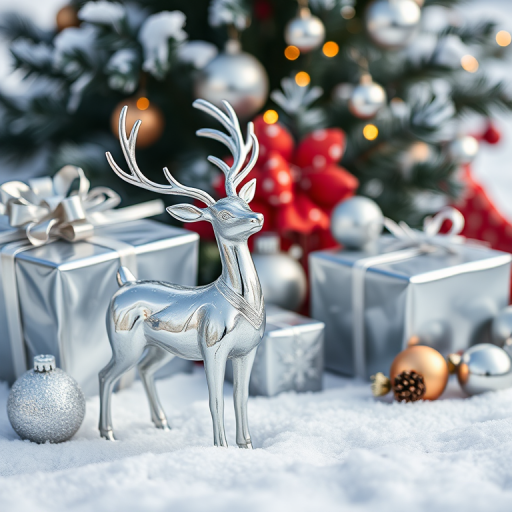 Create a high-quality image of a silver reindeer figurine beside wrapped silver gifts and ornaments on snow, shot with a DSLR camera at f/2.8 aperture, 50mm lens, ISO 200, natural light for soft shadows and high detail.