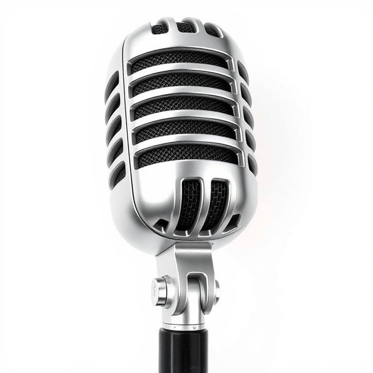 Create a high-resolution illustration of a classic microphone on a white background, using a Canon EOS R5 camera with a 50mm f/1.8 lens at f/5.6, ISO 100, 1/200 sec, shot from a front view in a flat lay style to enhance detail and clarity.