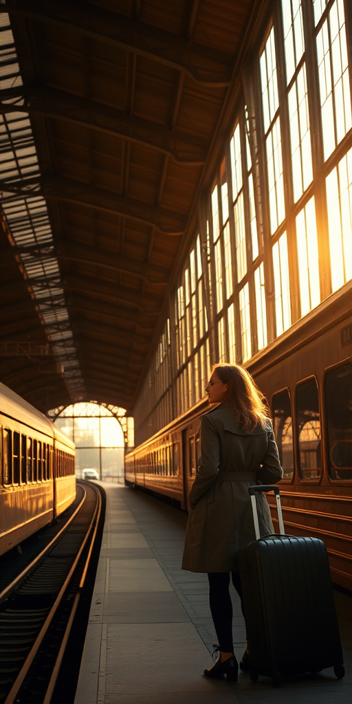 Old train station at sunrise, light filtering through the station's tall windows, a woman in a trench coat stands on the platform, suitcase by her side, waiting for the first train of the day.