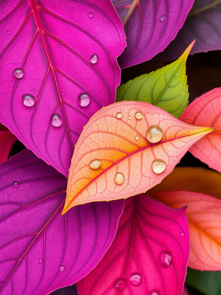 generate a vibrant digital illustration of overlapping colorful leaves in shades of purple, pink, and green, with realistic water droplets on each leaf, using a Canon EOS R5 camera with a 50mm f/1.2 lens, aperture set at f/8, ISO 100, and shot from a top-down view for enhanced detail and clarity.