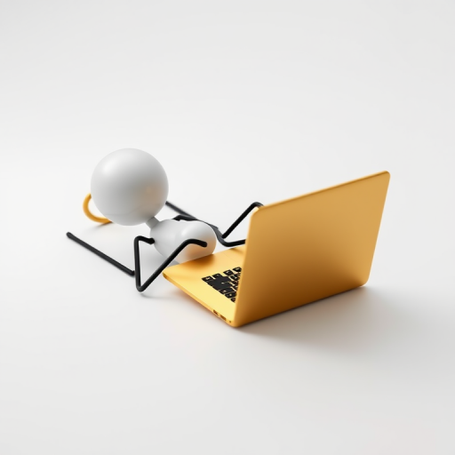 Create an image of a 3D stick figure lying on its stomach, using a golden laptop, in a minimalist style with a white background, captured with a Canon EOS R5 at f/2.8 aperture, 50mm lens, ISO 100 for sharp focus and optimal lighting.