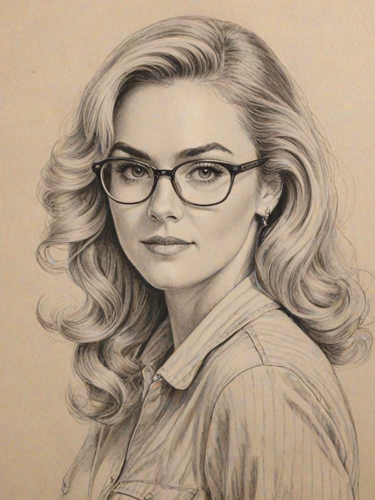 Captivating Laura Bell Bundy, pencil sketch, portrait of Appealing woman 1940s in glasses, hair style beatnik, outline, clear lines, fine lines, 8k