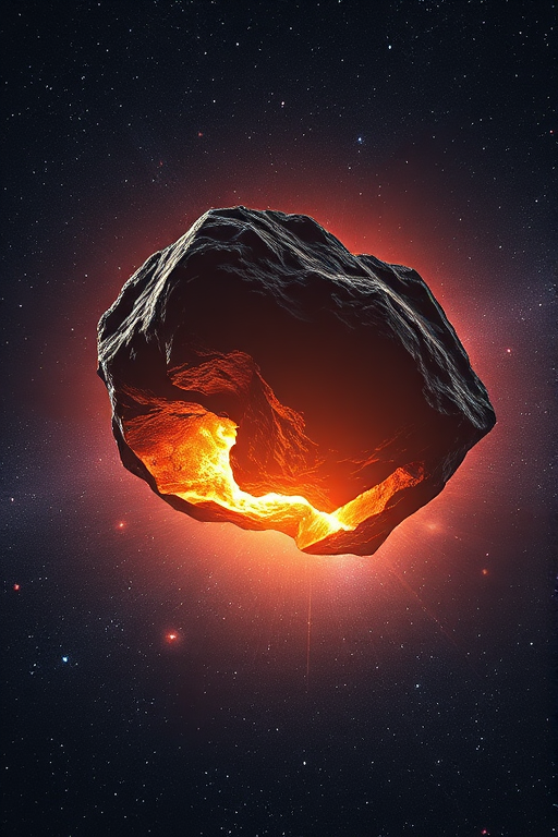 Create a hyper-realistic image of a massive, jagged asteroid bursting with light against a cosmic background filled with stars and nebulae, captured with a Canon EOS R5 camera, 24mm lens, f/2.8 aperture, 1/125 sec shutter speed, ISO 100, in a dramatic wide-angle view to enhance depth and detail.