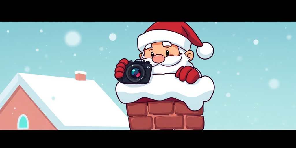 Create a high-resolution illustration of Santa Claus peeking over a snowy chimney, using a DSLR camera with an aperture of f/4, ISO 100, and a focal length of 50mm, in a vibrant, cartoonish style with bright colors and clear outlines.