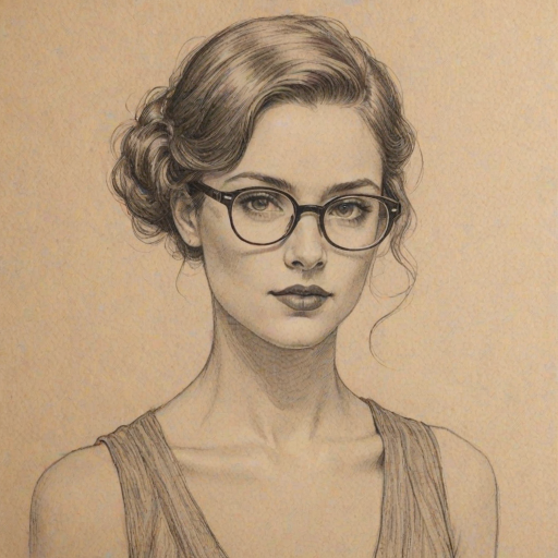 Delightful Jazmyn Simon, pencil sketch, portrait of Beauteous woman 1922s in glasses, hair style beatnik, outline, clear lines, fine lines, 8k