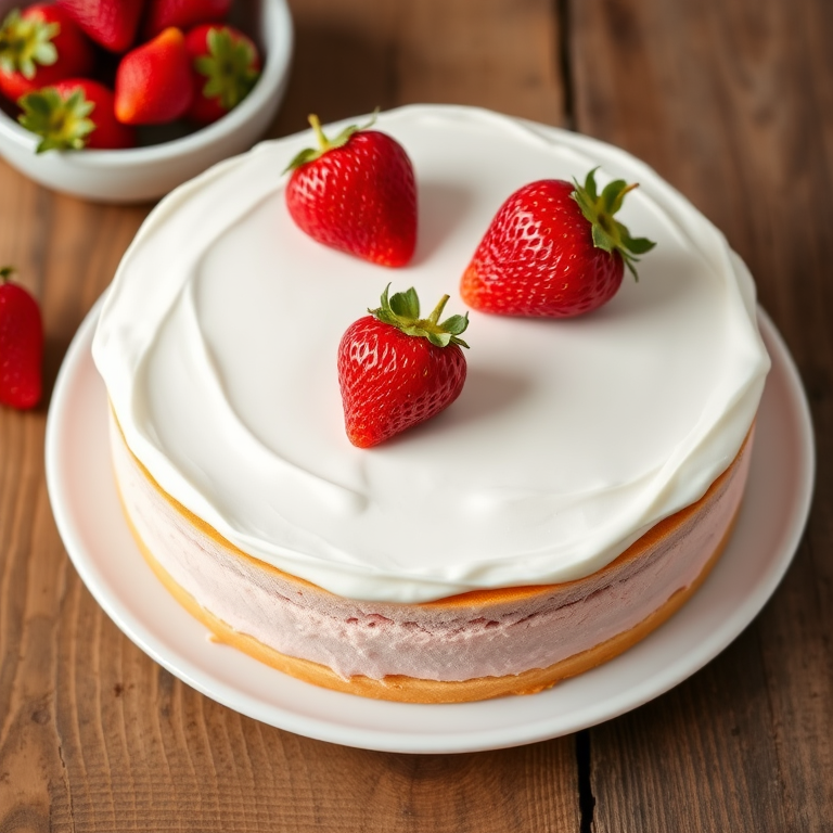 Create an image of a round strawberry cake with a smooth white whipped cream topping and three fresh strawberries on top. The cake has a pink layer visible on the sides and is presented on a white plate. Include a small bowl of strawberries in the background and a rustic wooden table surface.