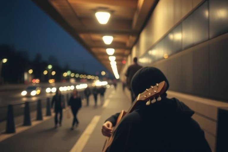 Blurry candid shot of a street musician playing a guitar under a bridge, soft light from nearby streetlamps casting long shadows, with distant pedestrians walking by in the night.