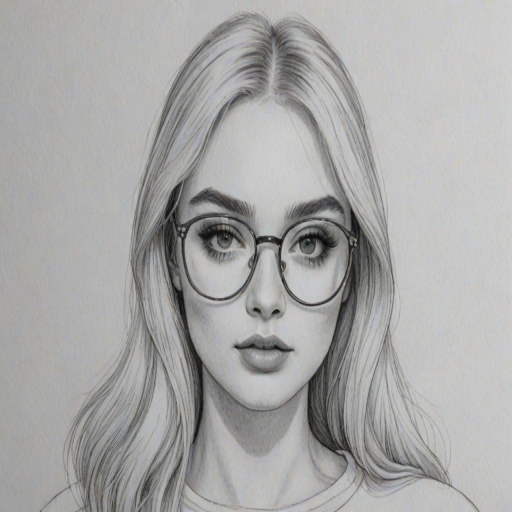 Ravishing Kim Petras, pencil sketch, portrait of Charming woman 1969s in glasses, hair style beatnik, outline, clear lines, fine lines, 8k