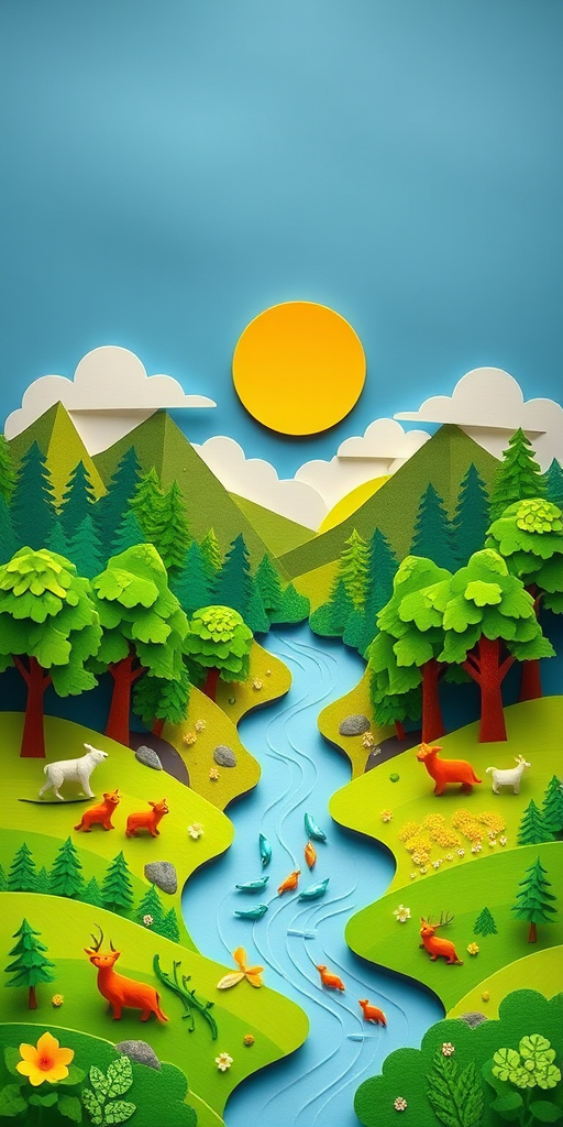 Create a vibrant paper-cut landscape featuring a bright sun, lush green trees, playful animals, and a flowing river, captured with a DSLR camera at f/8, ISO 100, 1/250s, wide-angle lens, shot from a high vantage point to enhance detail and depth.