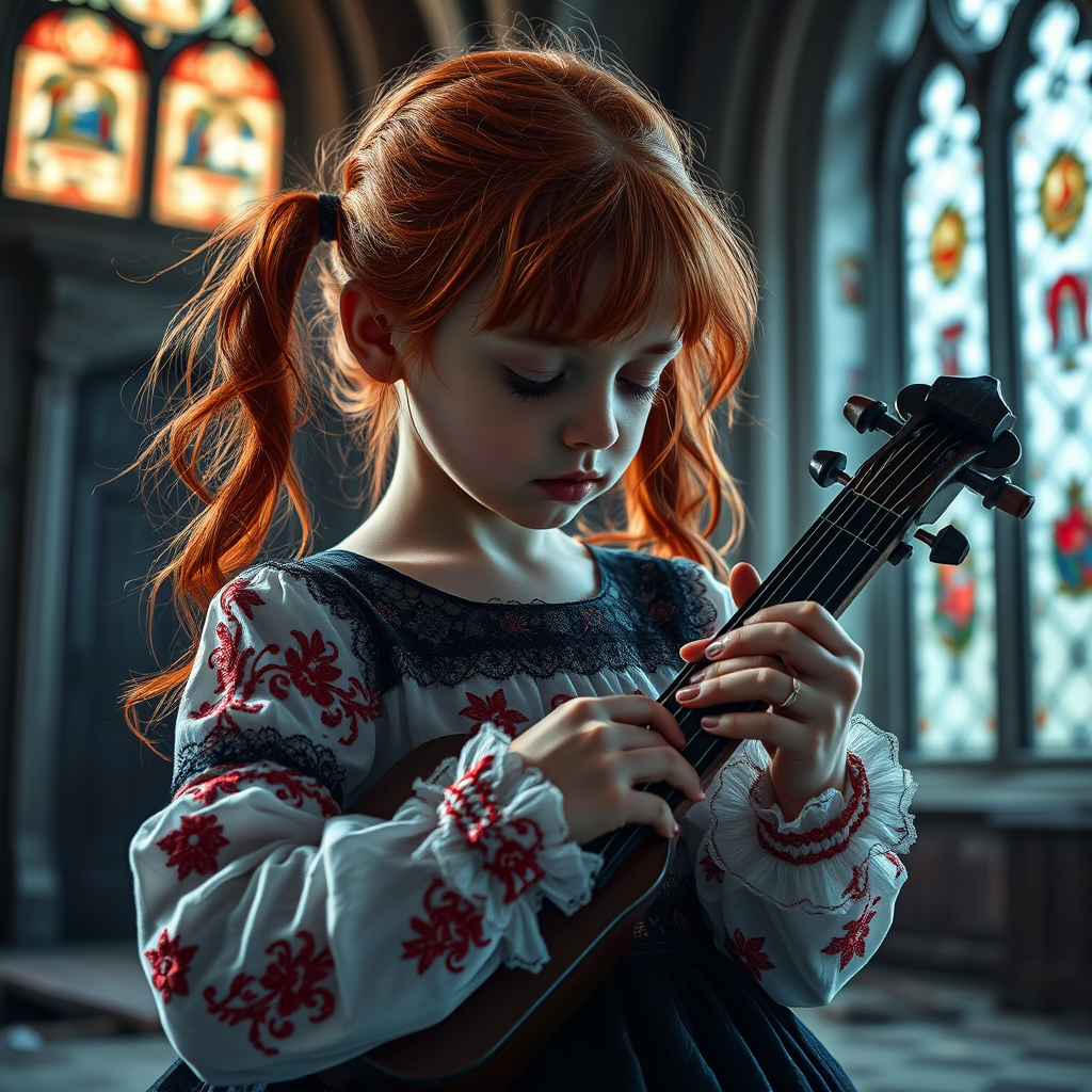 Close up realistic photo of a sad gothic little girl playing (instrument), red hair messy pigtails, black lace white dress with red detailed embroidery, abandoned gothic room with stained glass, closed eyes, horror cinematic lighting, dark fantasy, 4k, hdr,  uhd, detailed dress