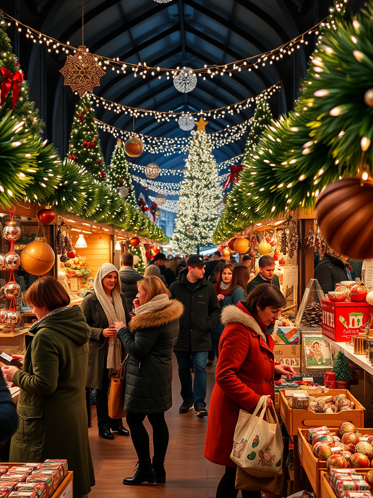 Festive holiday market, bustling with shoppers browsing handcrafted ornaments and gifts, twinkling lights adorning the stalls, and the scent of hot cocoa wafting through the air, with cheerful music playing in the background.