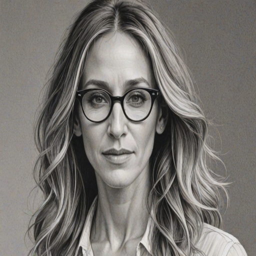 Superb Sarah Jessica Parker, pencil sketch, portrait of Appealing woman 1944s in glasses, hair style beatnik, outline, clear lines, fine lines, 8k