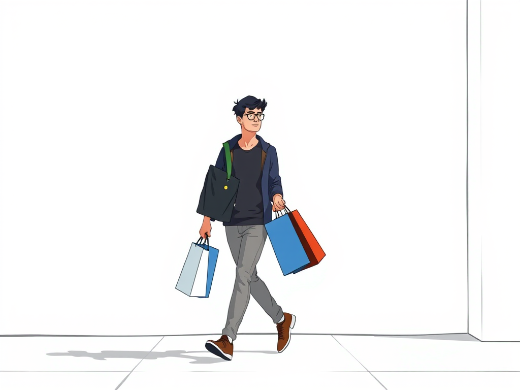 Create an illustration of a young man walking with shopping bags in a minimalist style, using a Canon EOS R5 with a 50mm lens, aperture f/2.8, ISO 100, and soft natural lighting for a clean look.
