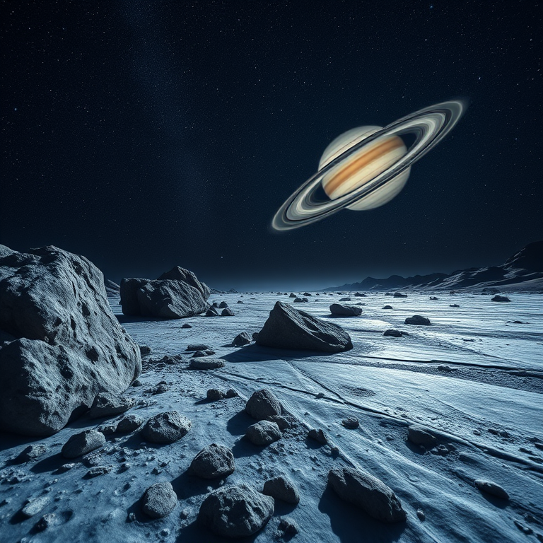 A stunning landscape of an alien moon with large rocky formations in the foreground, a shimmering icy surface reflecting starlight, and a detailed view of Saturn with its rings overhead, shot with a Canon EOS R5, 24mm lens, f/8 aperture, ISO 100, long exposure for enhanced star visibility, wide-angle view to capture the vastness of space.