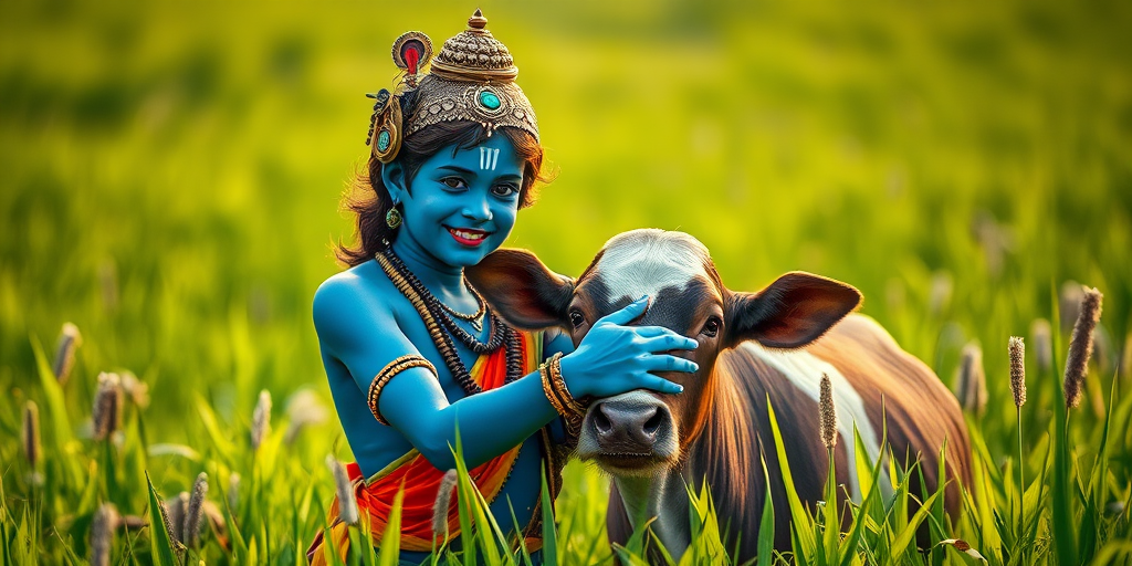 Create a vibrant, high-resolution image of a young god with blue skin joyfully embracing a cow in a lush green field, using a Canon EOS R5 with a 50mm lens, aperture f/1.8, ISO 100, natural soft lighting, and a shallow depth of field for enhanced detail and color contrast.