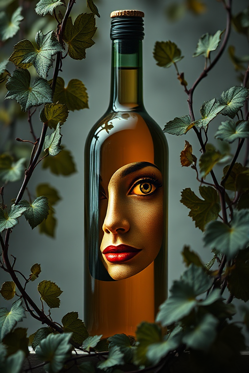Create an artistic representation of a bottle with a face integrated into its design, surrounded by textured vines and leaves, shot with a Canon EOS 5D Mark IV, 50mm lens, f/2.8 aperture, ISO 100, soft diffused lighting to enhance detail and depth.