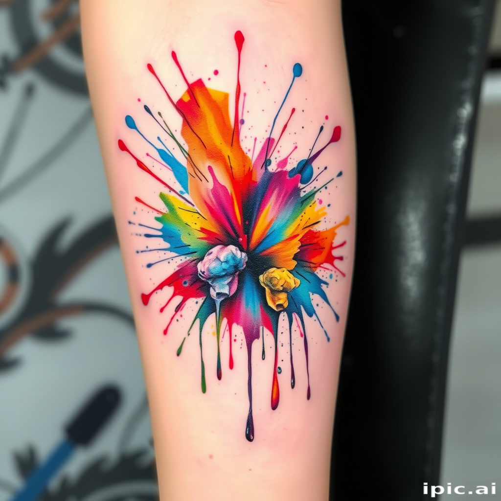 Watercolor splash tattoo dubbed "Chromatic Eruption" featuring explosive bursts of vibrant pigments that appear to drip and splatter across the skin in a colorful abstract display