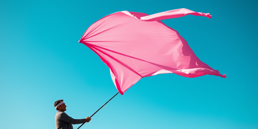 A fisherman holding a large piece of pink fabric against a clear blue sky, captured with a Canon EOS 5D Mark IV at f/8, 1/250 sec, ISO 100, using a 24-70mm lens from a low angle to emphasize the dynamic movement of the fabric.