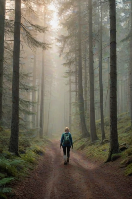 Foggy forest in early morning, beams of light filtering through the trees, a woman in hiking boots walks slowly along a narrow path, her breath visible in the chilly air.