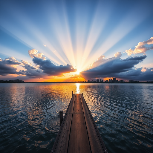 photograph of a tranquil sunset over a lake with sun rays piercing through clouds, wooden pier extending into the water, city skyline in the background, f/11 aperture, ISO 100, 1/125 second shutter speed, wide-angle lens, DSLR camera, golden hour lighting