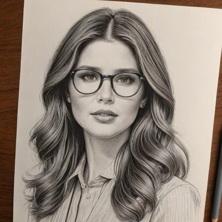 Exquisite Katherine Schwarzenegger, pencil sketch, portrait of Elegant woman 1973s in glasses, hair style beatnik, outline, clear lines, fine lines, 8k