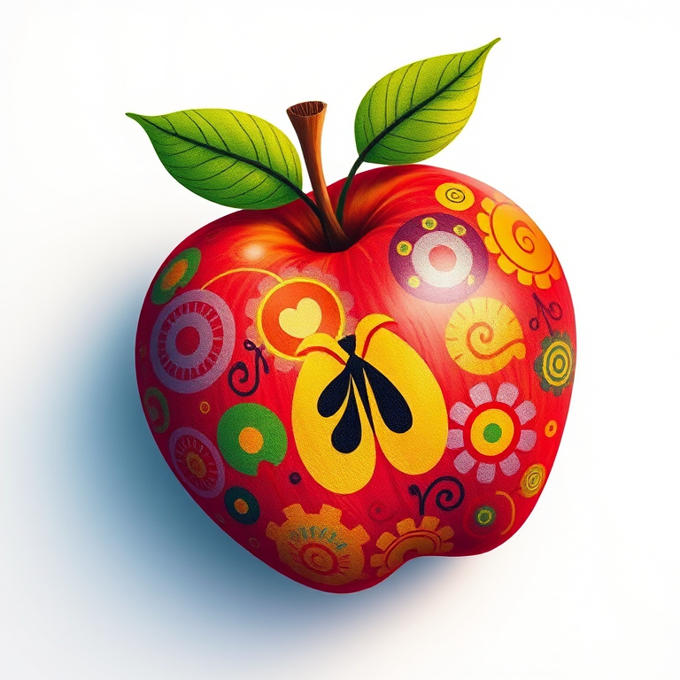 Create a vibrant, detailed illustration of a whimsical apple with intricate patterns and colors, using a Canon EOS R5 with a 50mm lens, f/1.8 aperture, ISO 100, soft lighting, and a top-down view to enhance the image quality.