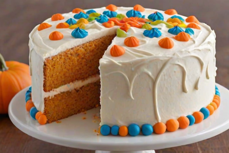 Create an image of a round cake with a smooth white frosting. The top of the cake is decorated with a variety of small, colorful buttercream swirls in orange, blue, and white, resembling miniature pumpkins. The sides of the cake are coated with a crumb crust, giving it a textured appearance. The background is simple and light to emphasize the cake's design.