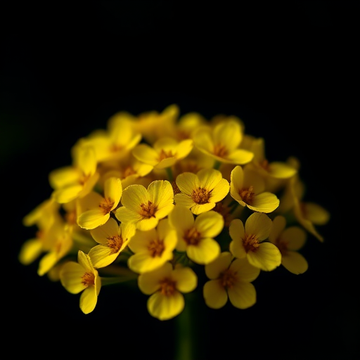 Close-up of a vibrant yellow flower cluster on a dark background, captured with a macro lens, aperture set to f/2.8, ISO 400, shutter speed 1/200s, using a DSLR camera with a natural light setting for enhanced detail and color contrast.