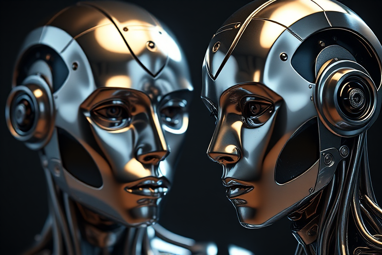 High-resolution rendering of two stylized metallic humanoid figures, focused on facial details, with a soft studio lighting setup, 50mm lens, f/1.8 aperture, ISO 100, 1/200 sec shutter speed, using a full-frame DSLR camera.