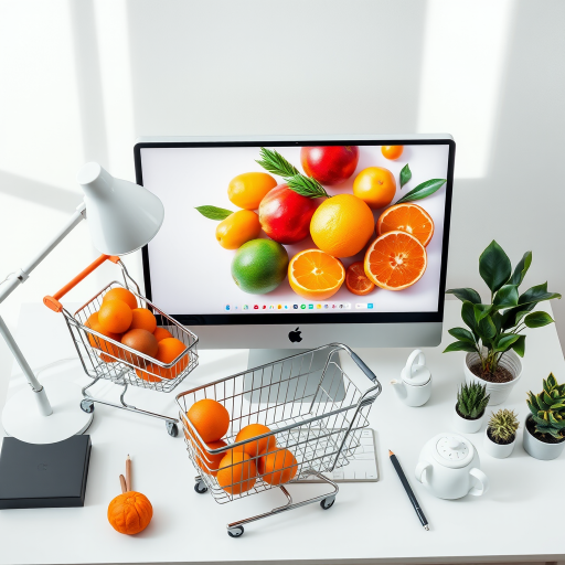 Regenerate an image of a modern workspace featuring an iMac with a colorful fruit display on the screen, a shopping cart filled with oranges, a sleek desk lamp, minimalist stationery, a white teapot, and decorative plants in a bright setting, shot with a Canon EOS R, 50mm lens, f/1.8 aperture, ISO 200, natural light, top-down view for an airy and clean aesthetic.