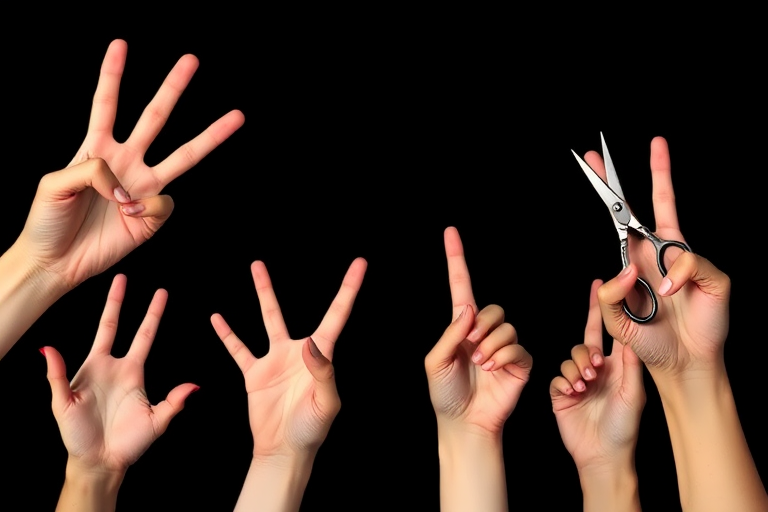 High-resolution image of multiple hands displaying gestures of peace, okay, and holding a pair of scissors against a solid black background, captured with a Canon EOS R5, 50mm lens, aperture f/1.8, ISO 100, natural lighting, full frame view.