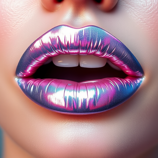 Holographic silver lips with a chrome effect, named "Lunar Gleam," featuring a high-impact metallic shine and futuristic appeal for bold looks