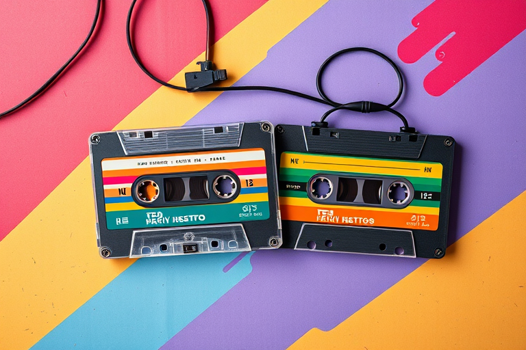 Create an 80s style retro music party poster featuring two vintage cassette tapes with vibrant colors and playful designs, using a DSLR camera with a focal length of 35mm, aperture set to f/8, shutter speed at 1/250s, with a flat lay view and high contrast lighting for enhanced image quality.