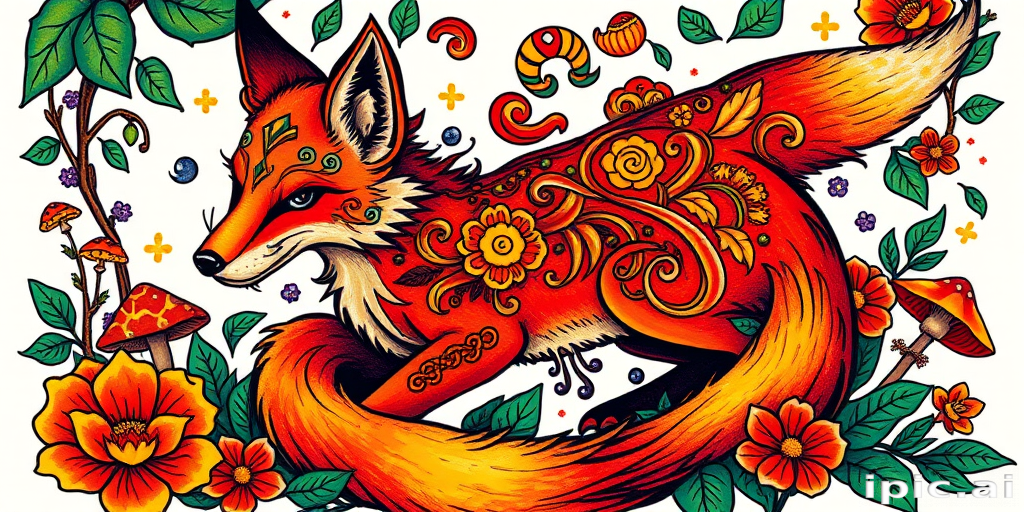 Colorful neo-traditional tattoo named "Enchanted Forest Guardian" depicting a mystical fox with vibrant orange and red fur adorned with intricate floral patterns and swirling designs, surrounded by lush foliage and magical elements like glowing mushrooms and fireflies, all rendered in a bold and stylized manner with saturated colors and strong black outlines