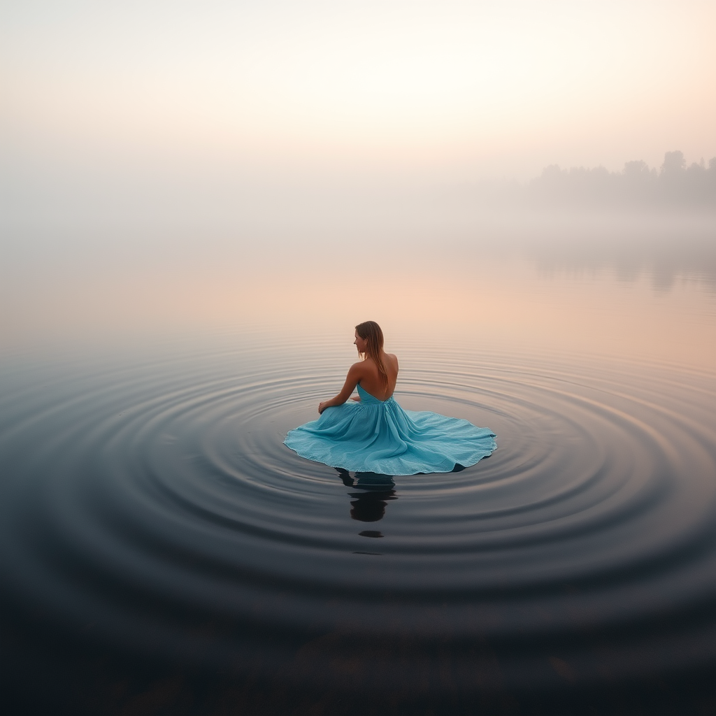 A serene lakeside scene at dawn with a woman in a flowing light blue dress sitting in the water, creating ripples, surrounded by misty trees, captured with a Canon EOS R5, 35mm lens, f/1.8 aperture, ISO 100, long exposure for smooth water effect, soft focus background.