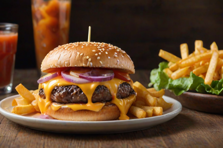 High-resolution, close-up image of a gourmet double cheeseburger. The burger features a glossy, sesame-seed-topped brioche bun. Inside, there are two thick, juicy beef patties, each topped with melted cheddar cheese. The burger is garnished with fresh lettuce, tomato slices, diced onions, and pickles. A generous amount of ketchup and a creamy, orange-colored sauce is dripping down the sides, adding to the mouth-watering appeal. In the background, there are blurred elements including a side of golden French fries and a hint of a beverage, enhancing the overall presentation of a delicious meal.