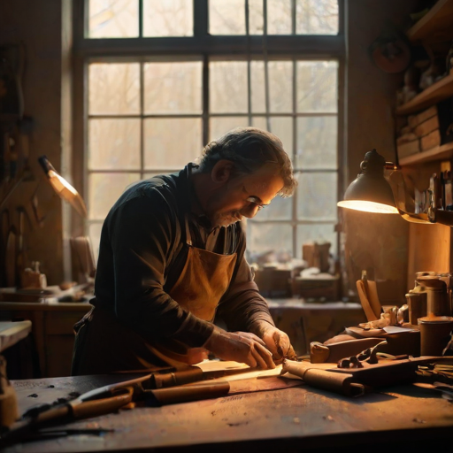 Warmly lit photo of an artisan working in a small, dimly lit leather workshop, tools and materials scattered around, with soft golden light streaming through a high window.