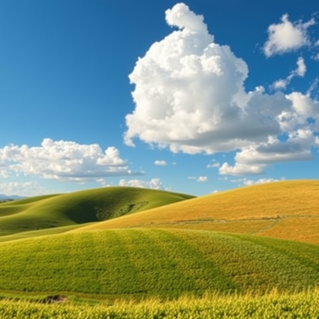 Create a high-resolution image of a serene landscape featuring rolling hills under a bright blue sky with fluffy clouds, captured with a Canon EOS R5 at f/8, ISO 100, with a 24mm lens, using a wide-angle view for an expansive feel.