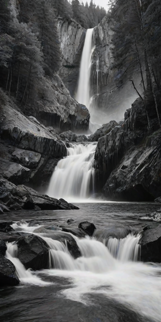a dramatic black and white landscape of a cascading waterfall over rocky formations, with turbulent water flowing and a scenic background of dense trees