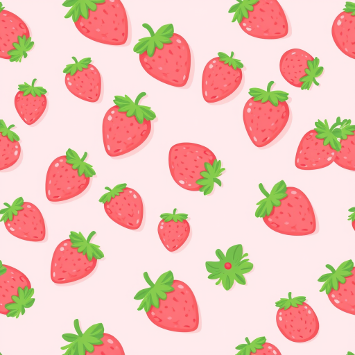 Create a seamless pattern featuring a light pink background with various cute strawberries scattered throughout. Each strawberry should be a soft pink color with green leaves and a small red stem, showcasing a playful and whimsical design.